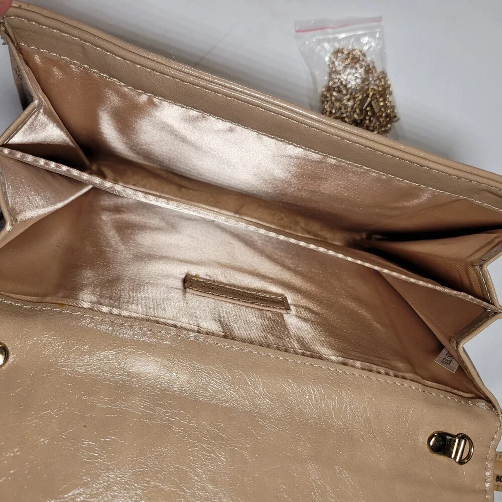 Expressions NYC Beige with Gold Cutouts Clutch Purse with Crossbody Length Chain